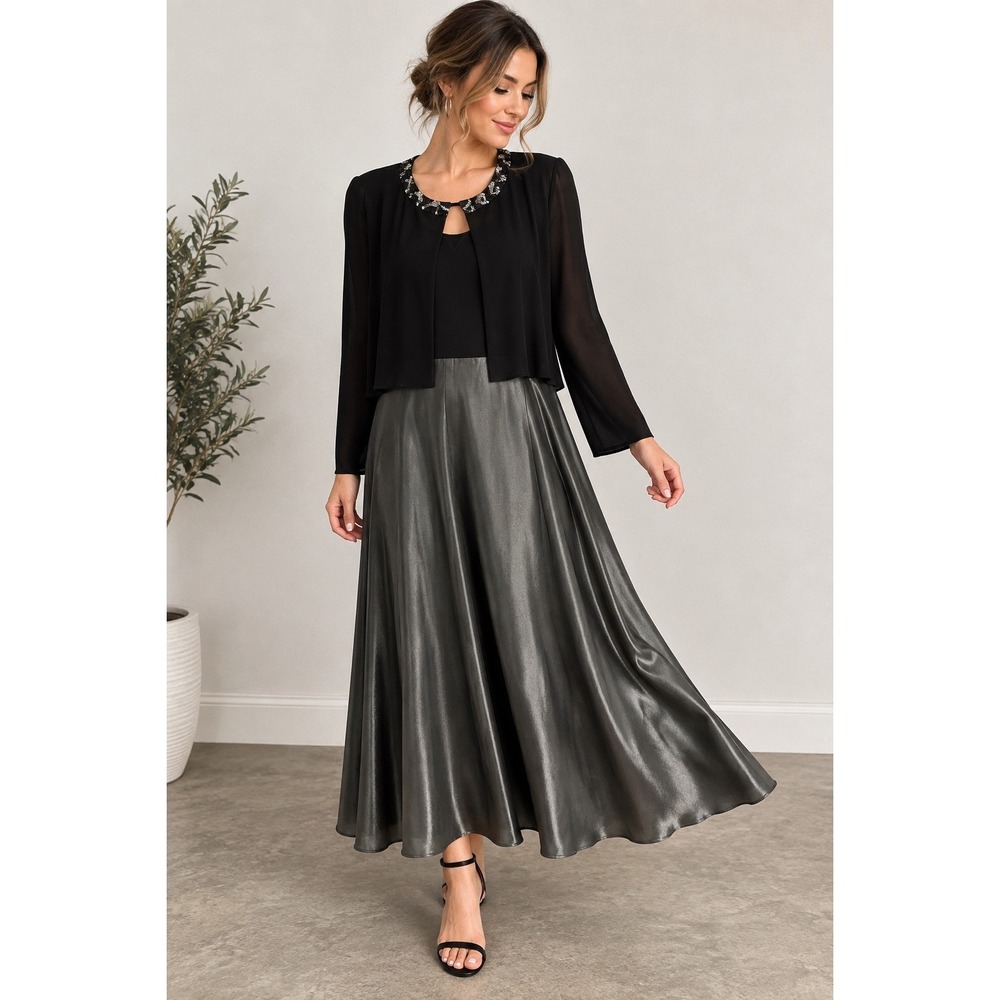 Vintage Cachet Dress Set 10 Black Velvet Beaded Bolero Silver Satin Skirt